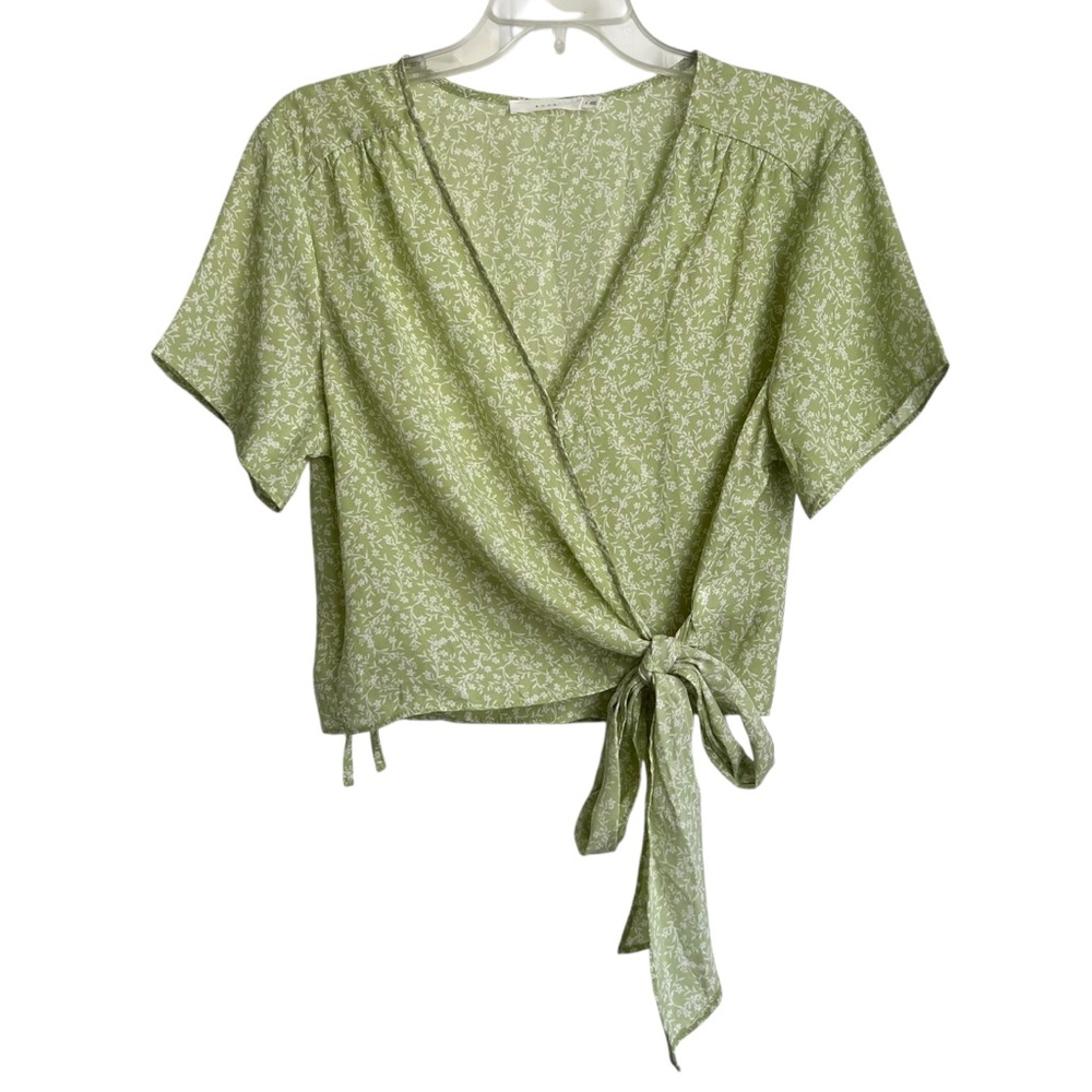 Lush Green Floral Wrap Tie Blouse